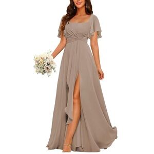 Taupe Bridesmaid Dress Size 12 Neutral Flutter Sleeve Chiffon Slit Pleated